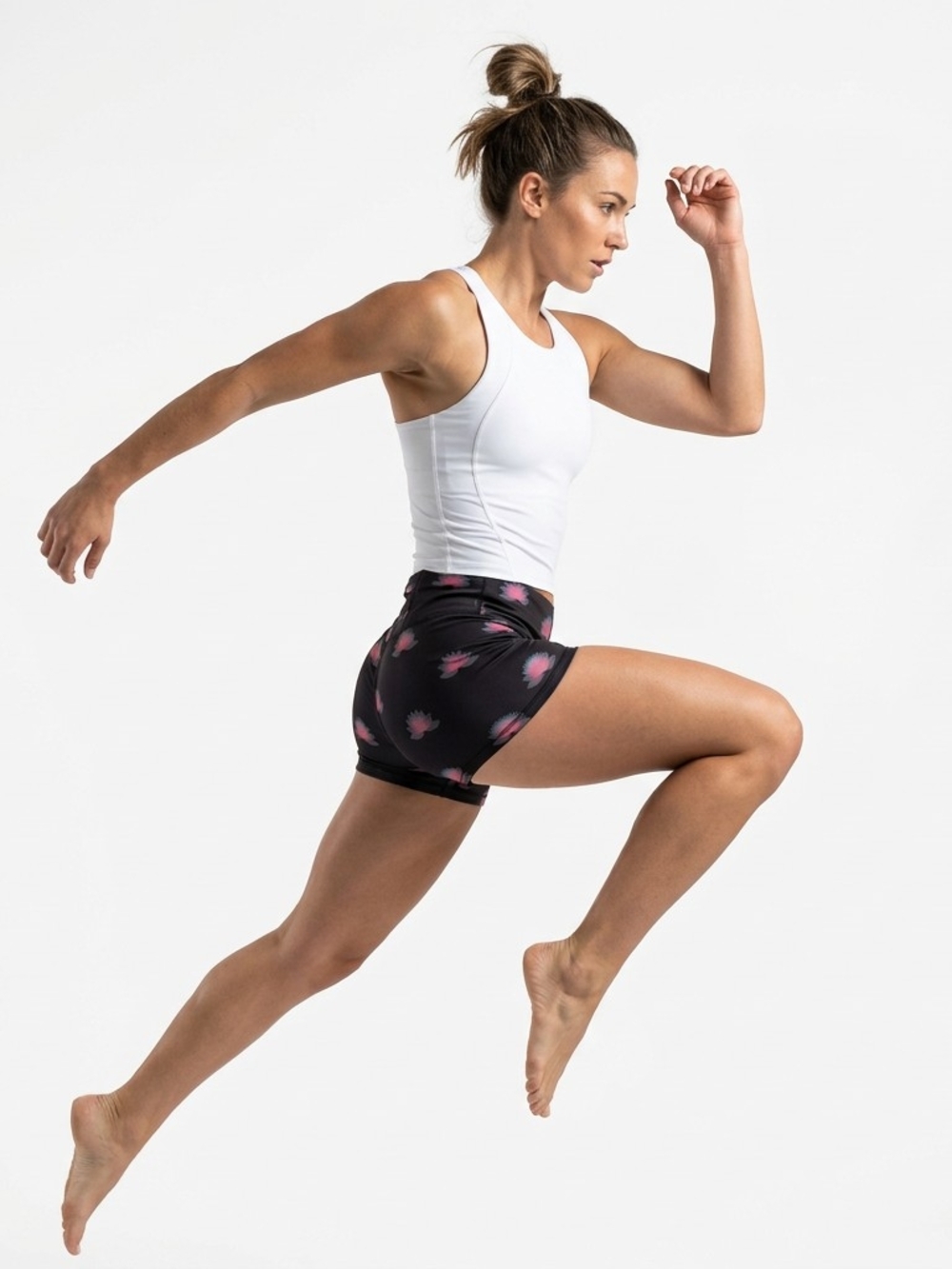 Free People Black Athletic Shorts with Pink Lotus Print